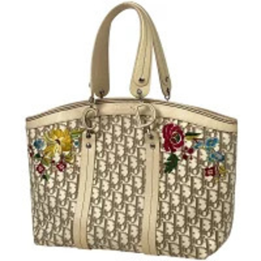 Christian Dior Trotter Tote Bag Flower Embroidery Handbag Canvas Ivory White